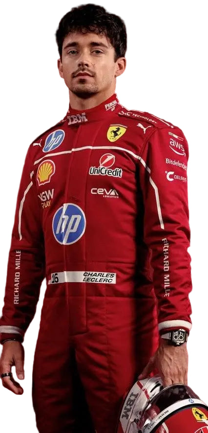 Close-up of Charles Leclerc's 2025 Ferrari race suit, showcasing the scarlet red livery and prancing horse emblem