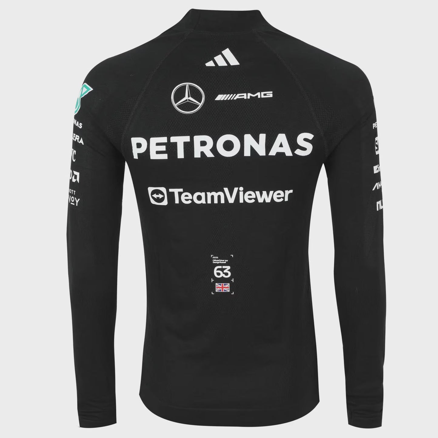 Black long-sleeve shirt with sponsor logos on a light gray background