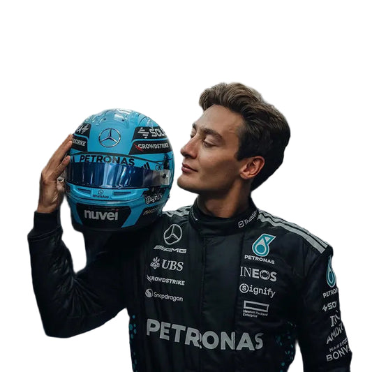 Detailed view of the new 2025 Mercedes race suit worn by driver George Russell