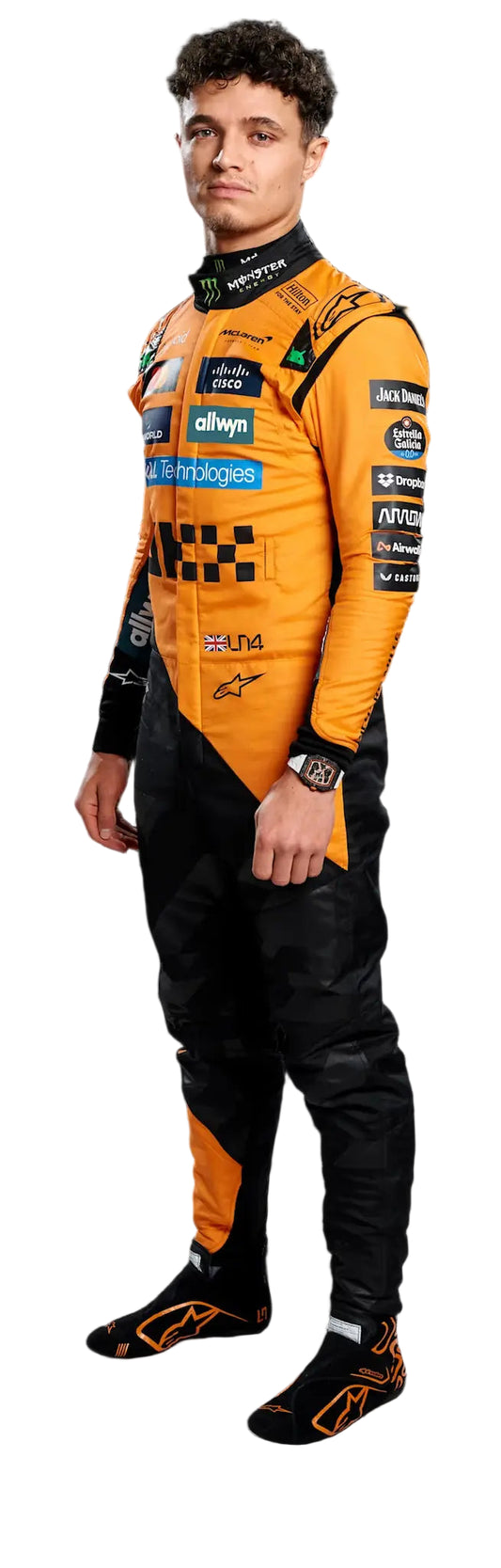 Lando Norris wearing an orange and black racing suit with various sponsor logos on a white background