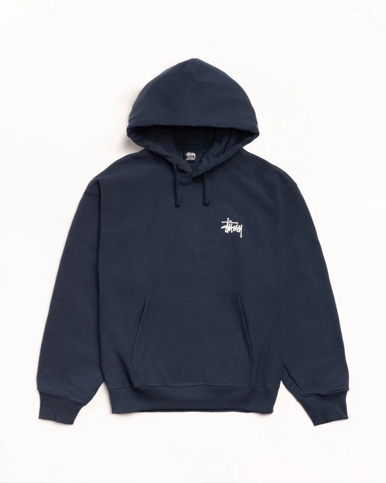 Navy blue hoodie with a small white logo on a white background