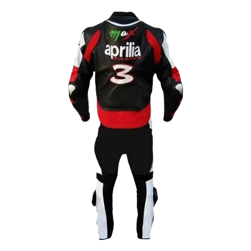 Motorcycle racing suit with Aprilia branding on a white background
