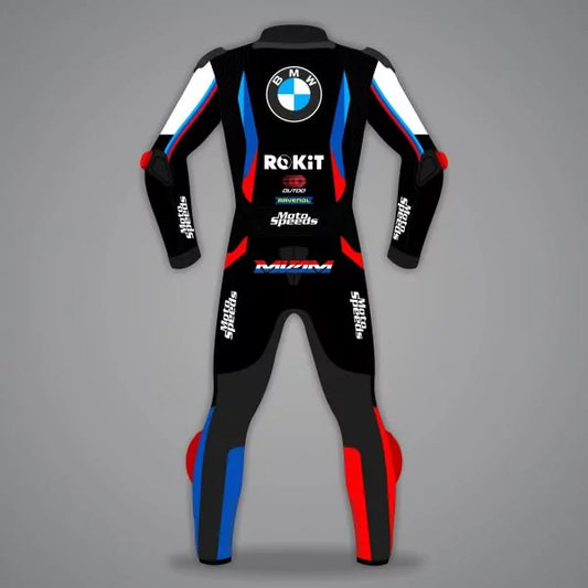 Black racing suit with multiple brand logos on a gray background