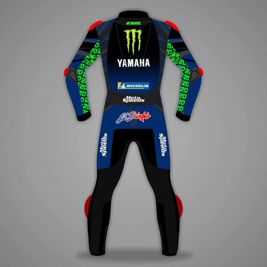 Motorcycle racing suit with various brand logos on a gray background