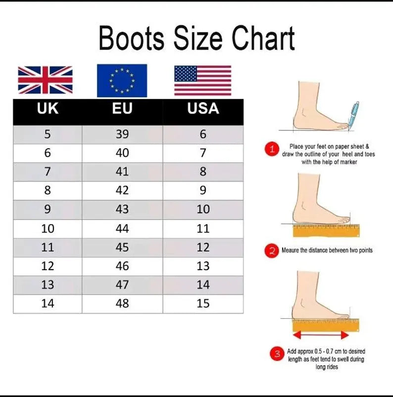 Boots size chart comparing UK, EU, and USA sizes with a foot measurement guide.