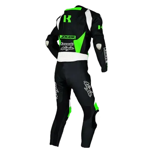 Motorcycle racing suit with green and white accents on a white background