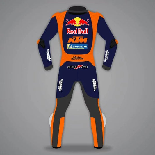 Racing suit with Red Bull and KTM branding on a gray background