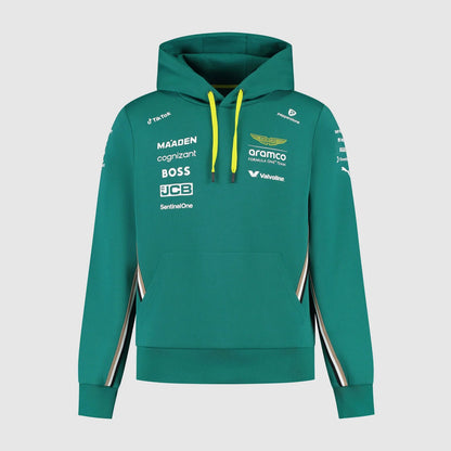 Aston Martin F1 Team 2025 official team hoodie in signature green with team logo"