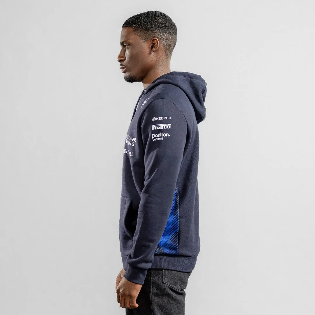 F1 fan wearing official Williams Racing 2025 team hoodie - premium motorsport apparel