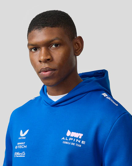 Alpine F1 Team hoodie showing premium fleece interior and iconic BWT pink design