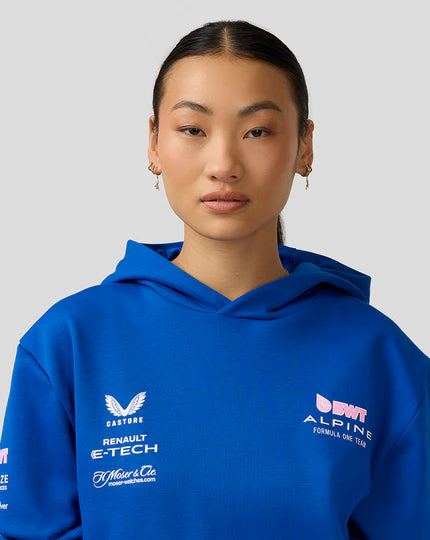 BWT Alpine F1 Team official unisex pullover hoodie in pink and blue with team logos