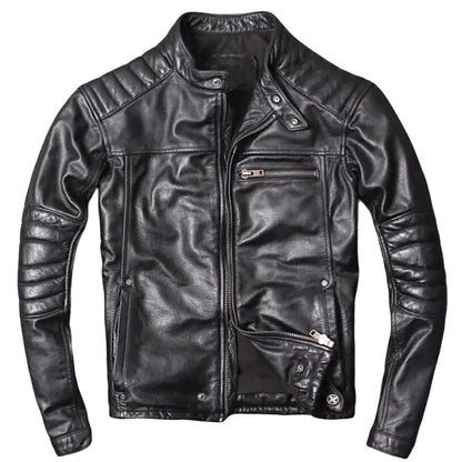 Cafe Racer Men's Black Leather Motorcycle Jacket - Genuine Soft Sheepskin Biker Style - Free Shipping