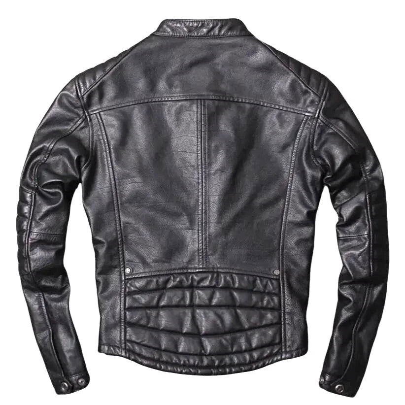 Cafe Racer Men's Black Leather Motorcycle Jacket - Genuine Soft Sheepskin Biker Style - Free Shipping