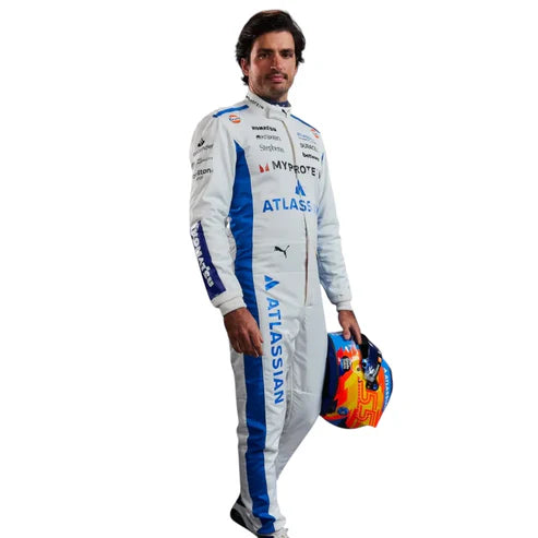 Close-up view of Carlos Sainz Williams F1 racing suit showing high-quality Cordura fabric, sublimation logos, and heavy-duty zippers