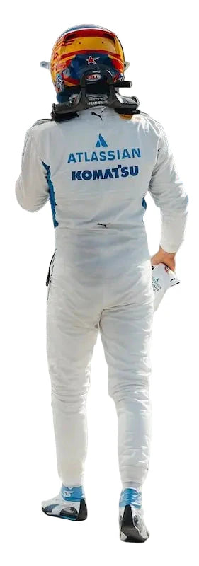 Back view of Carlos Sainz Williams F1 replica racing suit displaying action back stretchable material and team sponsor logos