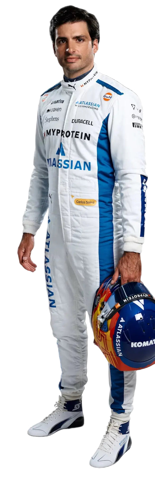 Person wearing a racing suit with various sponsor logos on a black background