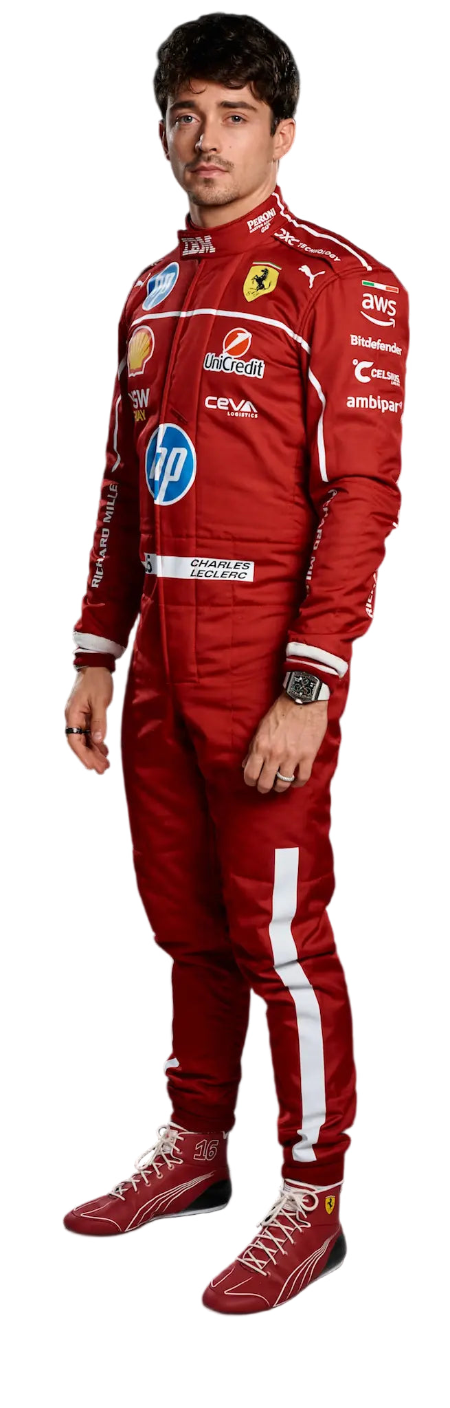 Charles Leclerc presents the new Scuderia Ferrari race suit for the 2025 Formula 1 World Championshi
