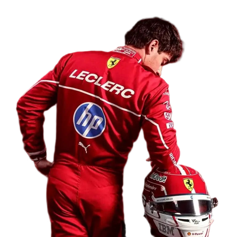 Ferrari F1 driver Charles Leclerc wearing his 2025 race suit back side