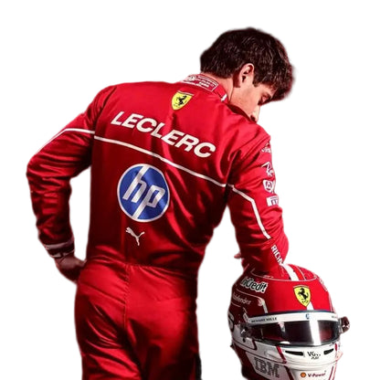 Ferrari F1 driver Charles Leclerc wearing his 2025 race suit back side