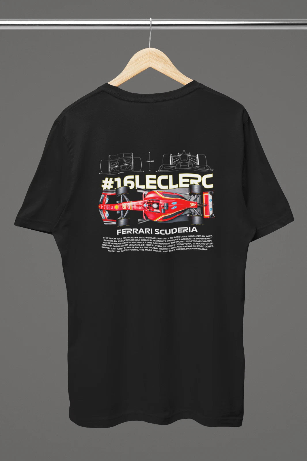 Back view of Charles Leclerc Ferrari F1 fan art unisex T-shirt