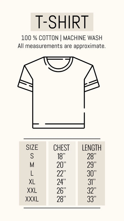 Unisex T-shirt size chart with measurements for chest, length, and fit guide