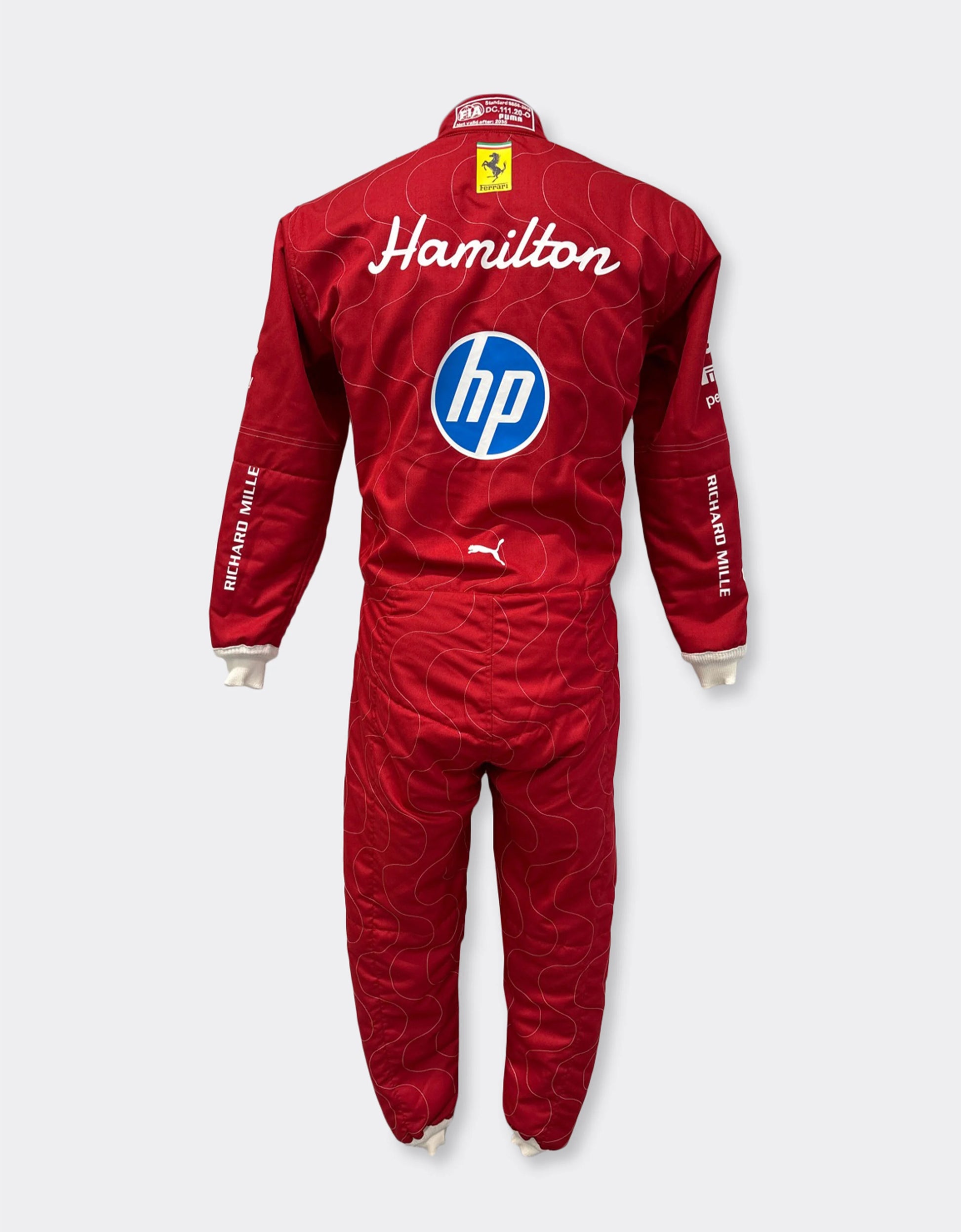Red racing suit with 'Hamilton' and 'hp' logos on a white background