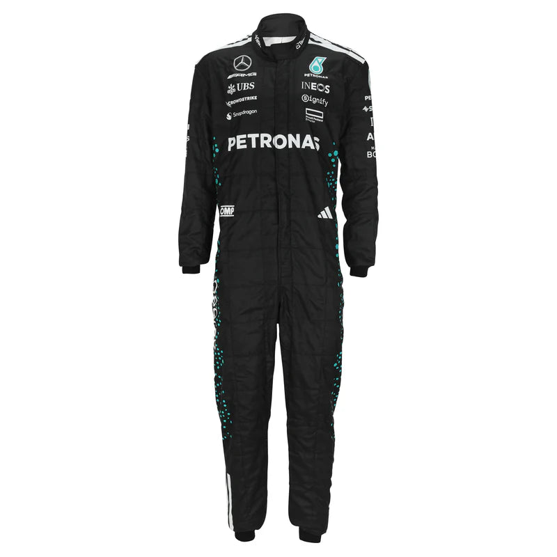 Portrait of Mercedes driver George Russell in his 2025 Formula 1 race suit