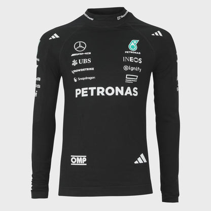 Black long-sleeve shirt with various logos on a light gray background