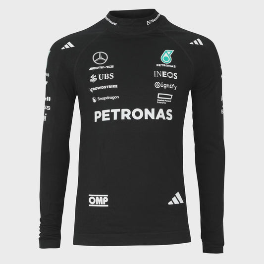 Black long-sleeve shirt with various logos on a light gray background
