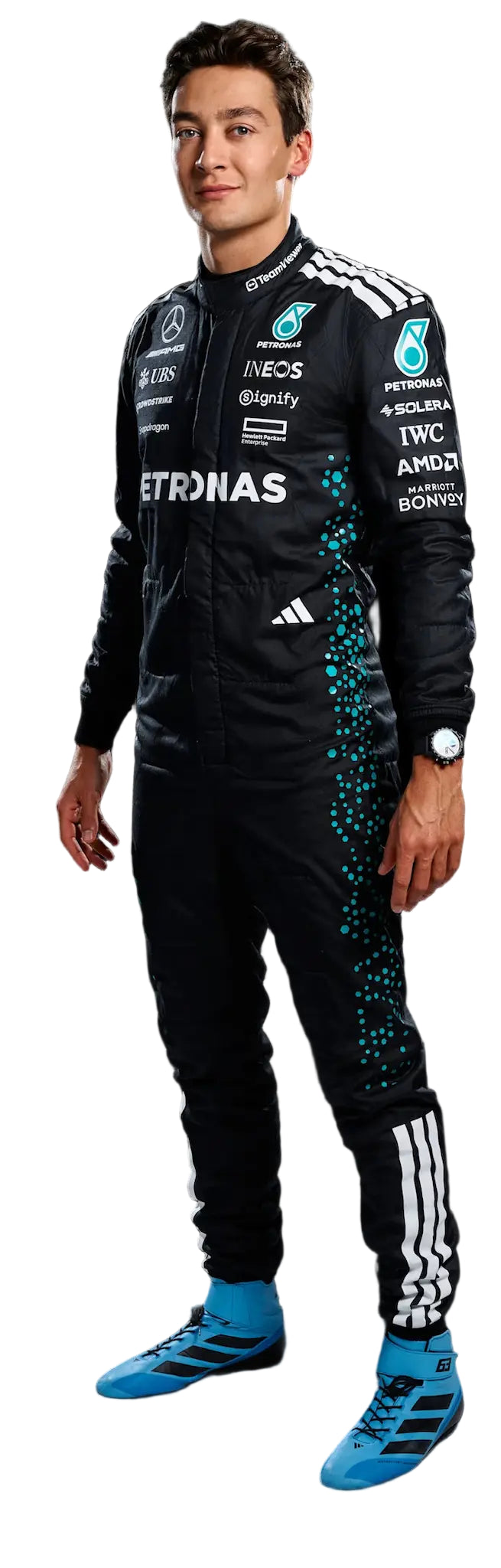 George Russell preparing for the 2025 season, wearing his new team race suit