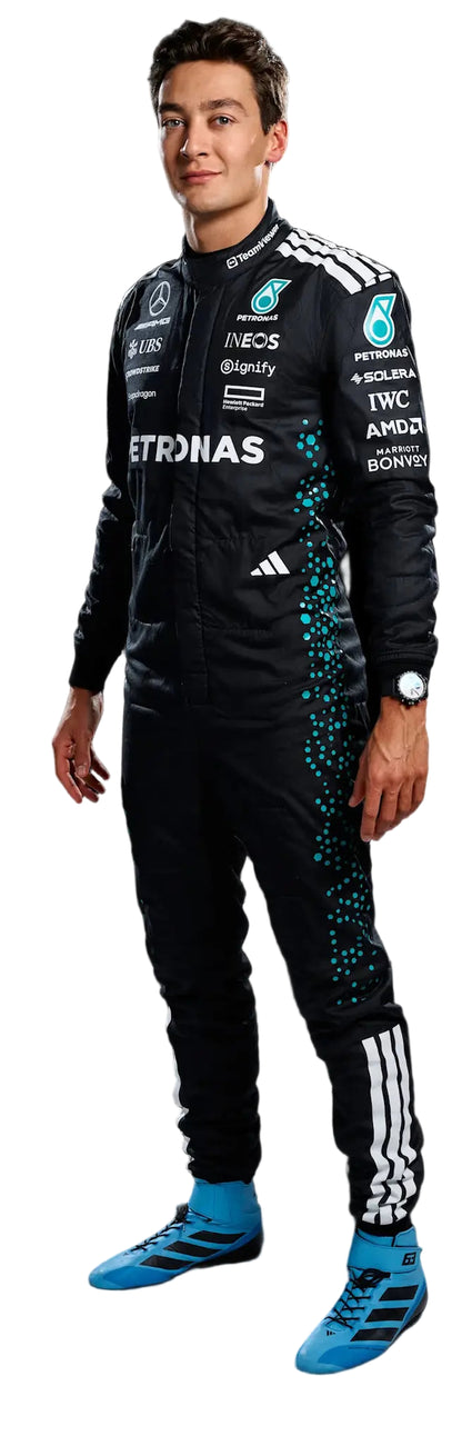 George Russell preparing for the 2025 season, wearing his new team race suit
