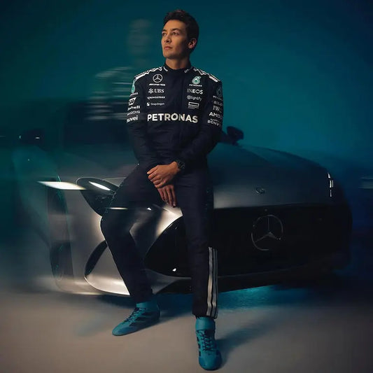 George Russell in his new Mercedes-AMG Petronas race suit for the 2025 Formula 1 season