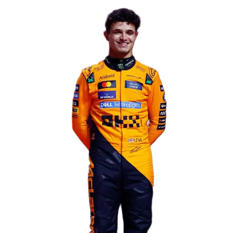 Lando Norris wearing a yellow and black racing suit with various sponsor logos on a white background