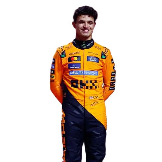 Lando Norris wearing a yellow and black racing suit with various sponsor logos on a white background