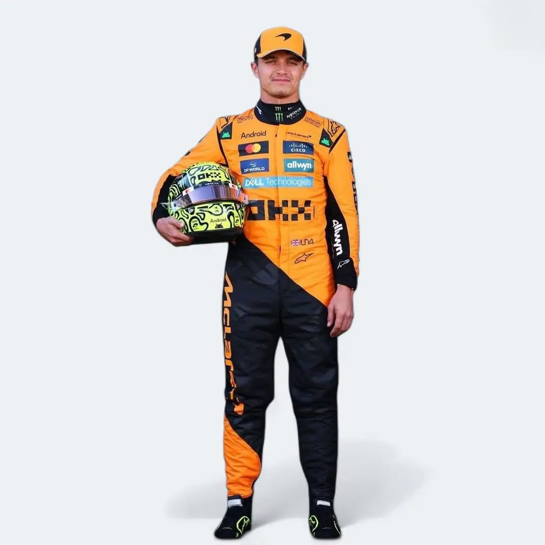 lando norris wearing an orange and black racing suit holding a helmet on a white background