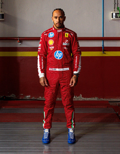 Lewis Hamilton red racing suit replica — premium F1 racing suit inspired by Lewis Hamilton’s Formula 1 design, made with high-quality Cordura fabric and detailed sponsor logos.