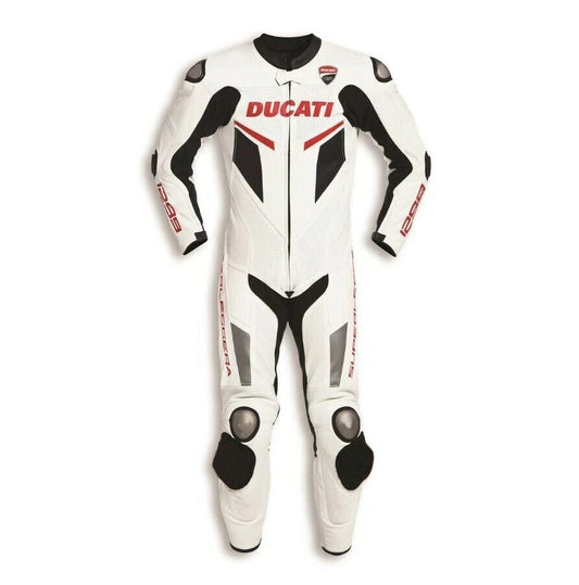 White motorcycle racing suit with Ducati logo on a white background