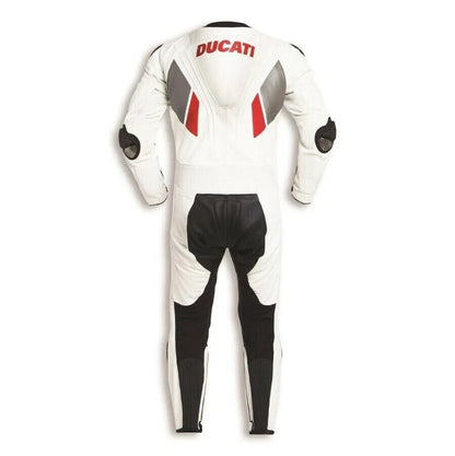 Motorcycle racing suit with Ducati logo on a white background
