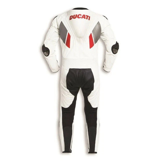 Motorcycle racing suit with Ducati logo on a white background