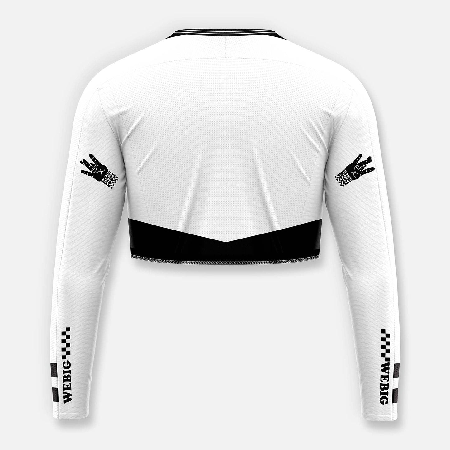 White long-sleeve shirt with black accents and brand logos on a white background