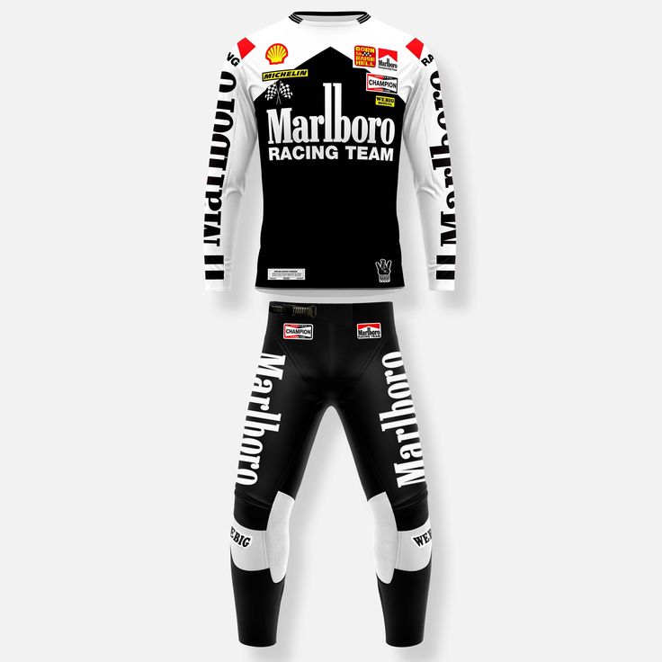 Black and white racing suit with Marlboro branding on a white background
