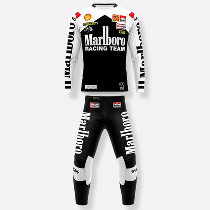 Black and white racing suit with Marlboro branding on a white background