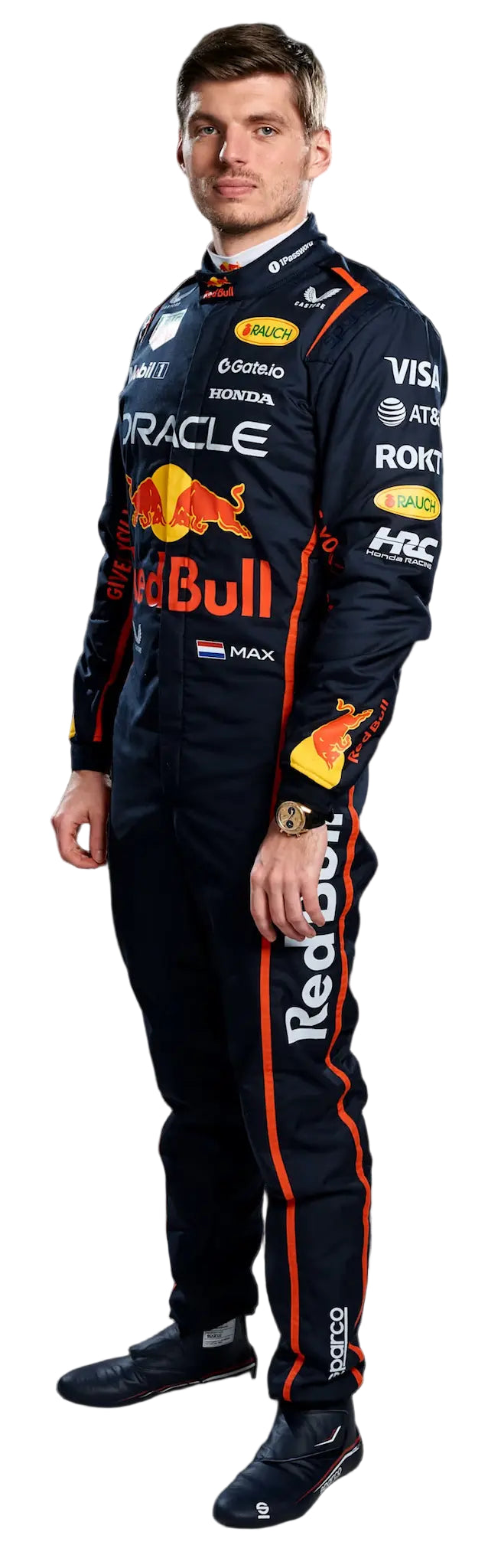 mex wearing a Red Bull racing suit with various sponsor logos on a black background