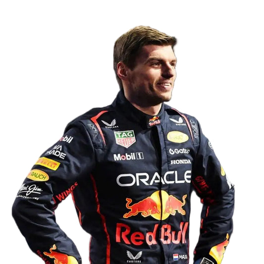 mex wearing a Formula 1 racing suit with various sponsor logos on a dark background