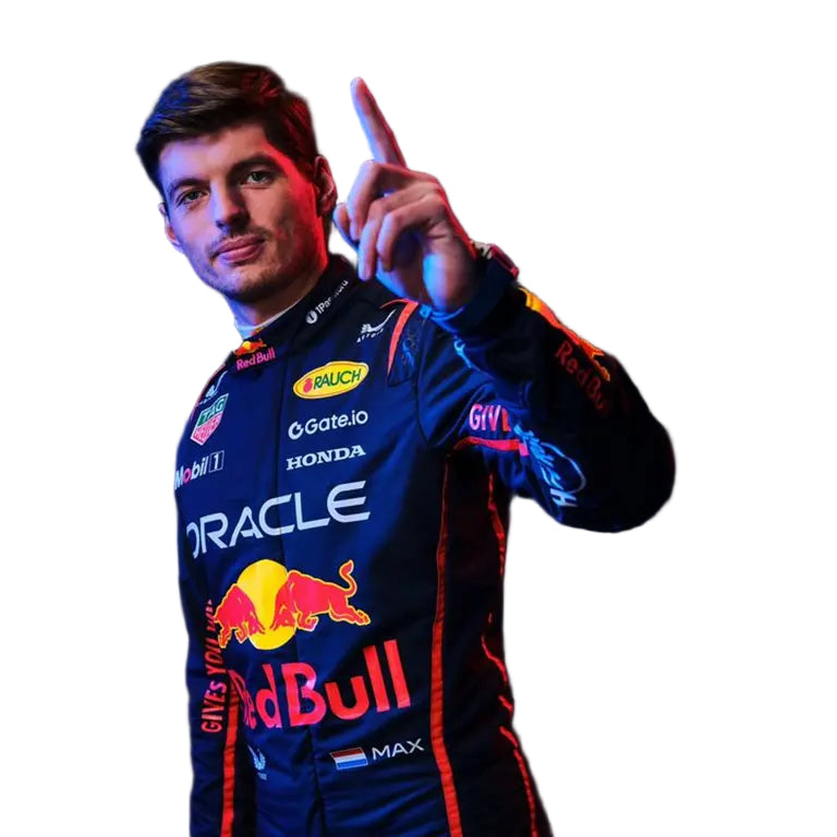 mex wearing a Formula 1 racing suit with various sponsor logos on a dark background