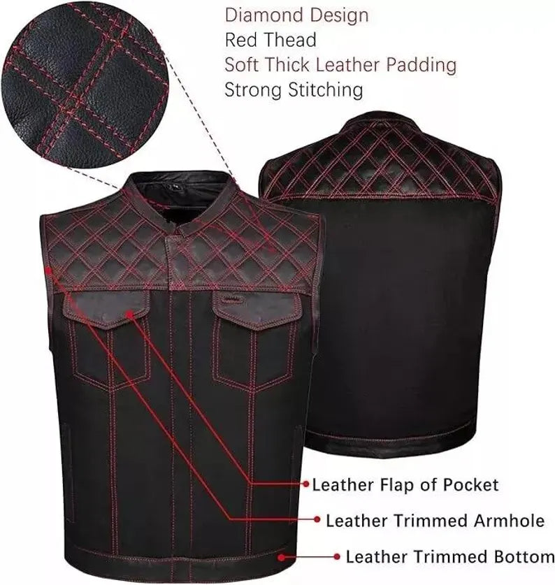 Black leather vest with red stitching, showing features and close-up details on a white background.