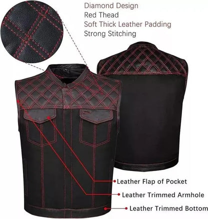 Black leather vest with red stitching, showing features and close-up details on a white background.