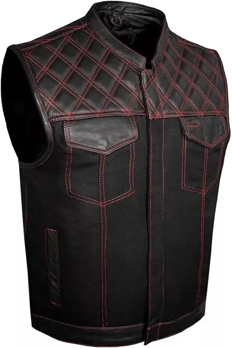 Black leather vest with red stitching on a white background