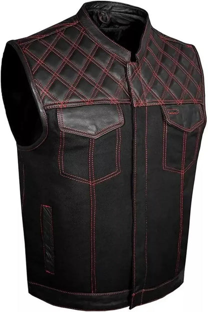 Black leather vest with red stitching on a white background