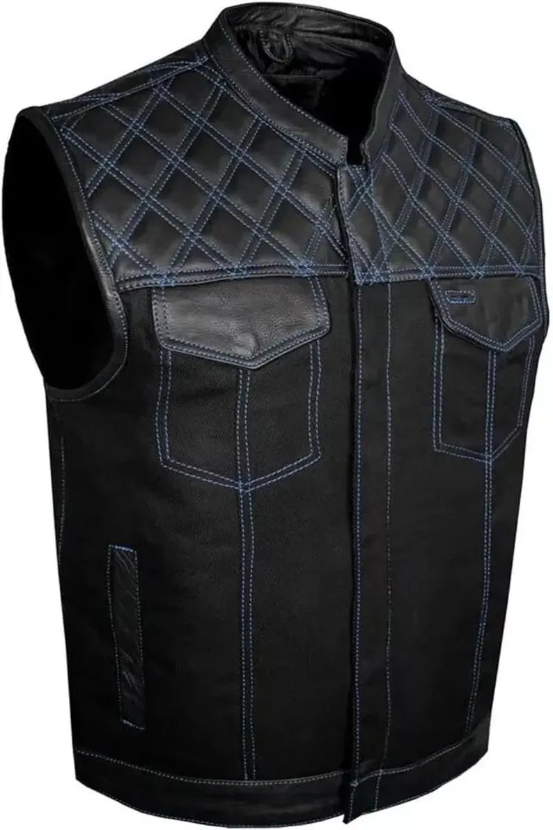 Black quilted leather vest with blue stitching on a white background